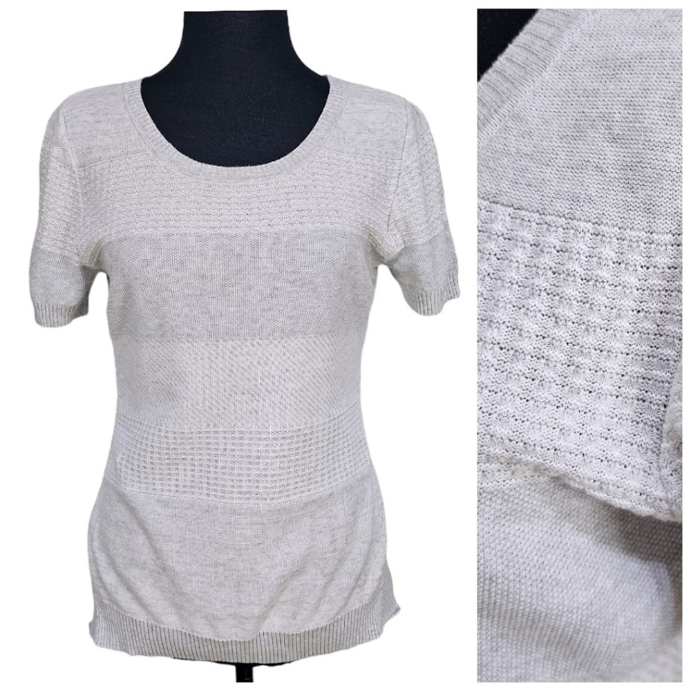 OST Cotton Pointelle Knit Gray White Short Sleeve Split Hem Light Boho Sweater